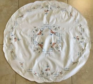 Vintage Small Tablecloth,  Round,  Cotton,  Antique White,  Flower Embroidery