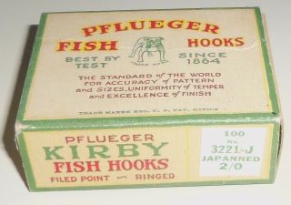 Vintage Pflueger Kirby Fishing Hooks 3221 - J w/Box 2/0 Japanned 5