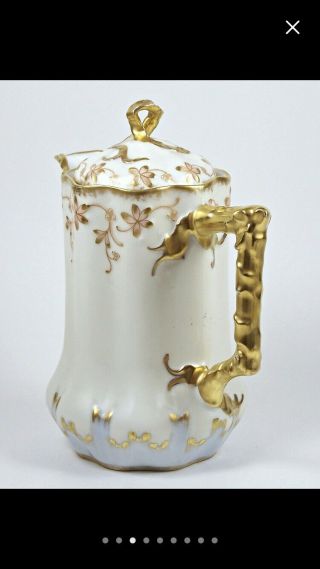 Antique Ls&s Limoges Chocolate Pot Hand Painted Flowers Heavy Gold Trim