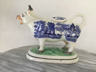 Antique Staffordshire Cow Creamer Blue Willow Transfer