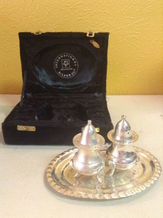 International Silver Co.  Footed Salt & Pepper Shakers W/ Tray In Orig Case
