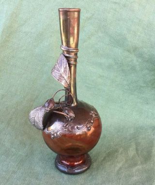 Antique Art Nouveau Blown Glass Silver Overlay Botanical Vase Old Vintage