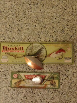 Vintage Pflueger Muskill Lure On Card,  Pflueger Bear Valley Spinner On Card