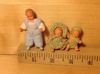 Vintage Miniature Baby Twins With Crocheted Clothes And Big Brother