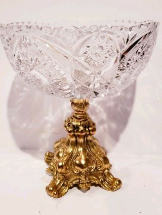 Vtg Hollywood Regency Rococo Round Crystal 3 Footed Gold Pedestal Compote Bowl