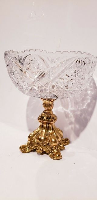 Vtg Hollywood Regency Rococo round crystal 3 Footed gold Pedestal Compote Bowl 2