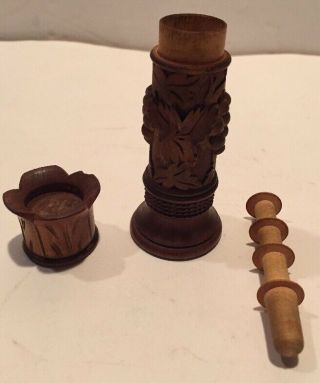 Antique Swiss Black Forest Wood Carving Needle Thimble Thread Case Holder