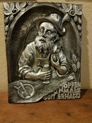 Vintage German Pub Bar Man With Pipe Beer Wax Sculpture Picture Plaque Germany