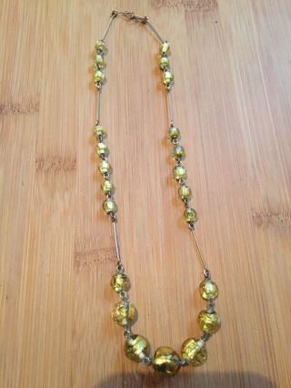 Art Deco Antique Vintage Venetian Foil Glass Bead Gold Necklace Old Gold Yellow