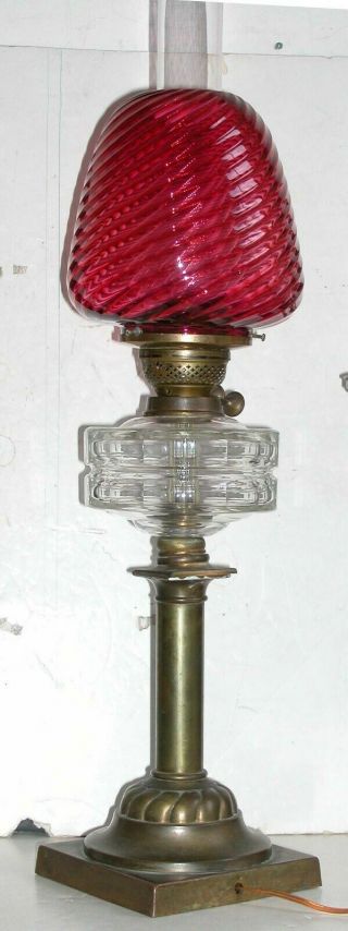 Antique Bristol Duplex Oil Lamp Optic Crystal Font Beehive Cranberry Swirl Shade