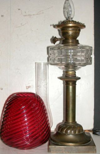 Antique Bristol Duplex Oil Lamp Optic Crystal Font Beehive Cranberry Swirl Shade 2