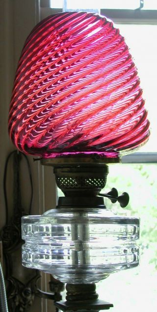 Antique Bristol Duplex Oil Lamp Optic Crystal Font Beehive Cranberry Swirl Shade 4