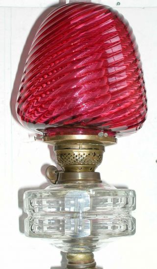Antique Bristol Duplex Oil Lamp Optic Crystal Font Beehive Cranberry Swirl Shade 5