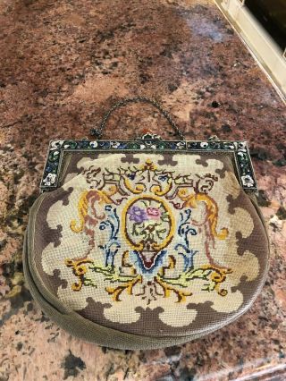 Antique Austrian Solid Silver Enamel Gemstone Ladies Handmade Tapestry Handbag