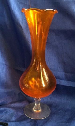 Art Nouveau Orange Glass Bud Vase With Ruffled Edge And Clear Foot Vintage