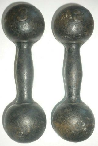 2 Antique,  Vintage Cast Iron Dumbbells 3 Lbs Each Contoured Grip Handles,  1 Pair