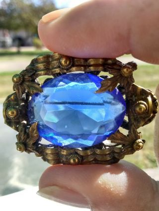 Gorgeous Ornate Antique Victorian Czech Blue Glass Brooch A