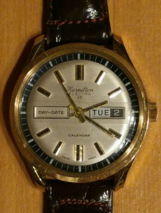 Vintage Men " S Hormilton Electra 25 Swiss Watch Day Date Calendar Runs