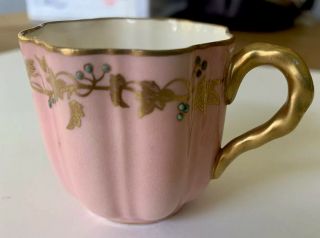 Antique Coalport Demitasse Cup Pink And Gold Design With Enameled Jewels