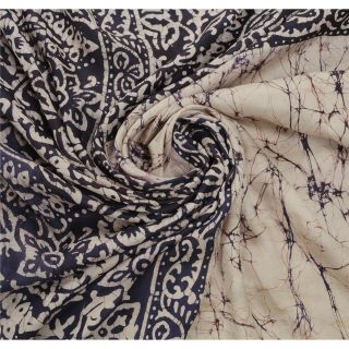 Sanskriti Vintage Cream Saree Pure Silk Batik Work Craft 5 Yd Soft Fabric Sari 6