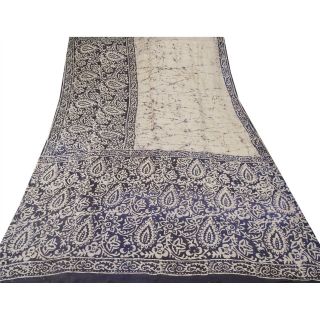 Sanskriti Vintage Cream Saree Pure Silk Batik Work Craft 5 Yd Soft Fabric Sari 7