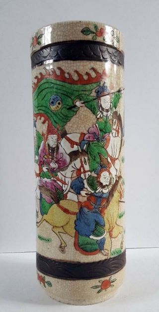 Chinese/japanese Large Brush Pot/vase With Warriors Signed