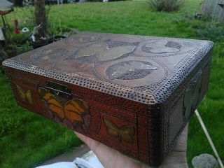 Stunning Antique Decorative Box All Hand Made Cigar Box Butterflies Folk Art