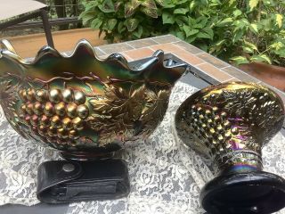 2 Piece Antique Northwood GRAPE & CABLE CARNIVAL GLASS Punch Bowl & Stand 5