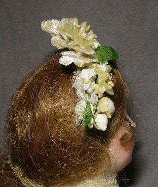 Vintage Doll Hat - Garland - Headband - Ivory Wax & Velvet Flowers 3