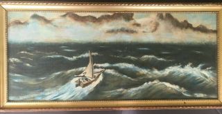 Antique Oil Painting Rough Seas Small Sailboat Ocean Nautical Scene Unsigned