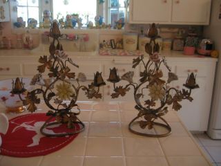 Fabulous Old Italian Tole Candleholders With Porcelain Roses And Floral