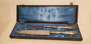 2 Pc Antq Sterling Silver Handled Serving - Knife - Fork - Carving - 10in - 11.  5 - Orig Box