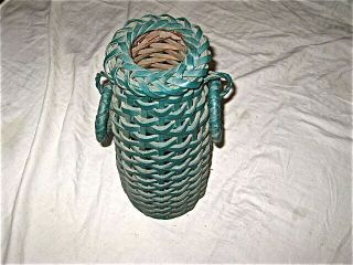 Great Antique Hand Woven 15 1/2 " Tall Skinny Painted Green Basket,  Ring Handles