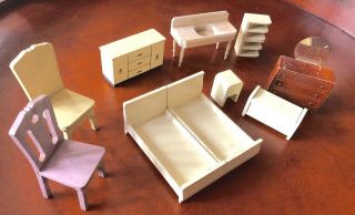 Vtg Strombecker 30s Wooden Miniature Dollhouse Furniture End Tables Bedroom Set