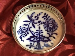 Antique Meissen Flow Blue White Porcelain Coaster Silver Cut Openwork Rim Floral