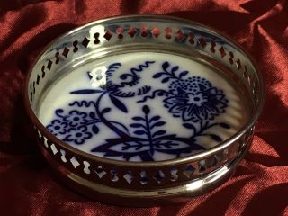 Antique Meissen Flow Blue White Porcelain Coaster Silver Cut Openwork Rim Floral 2