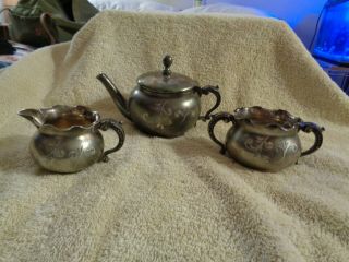 Columbia Silver Co.  Quadruple,  Set Of 3,  Tea Pot,  Creamer,  Sugar Bowl.