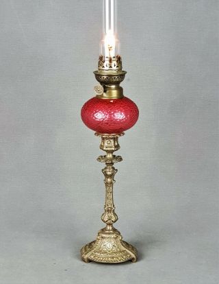 Victorian Cranberry Art Glass Kerosene Paraffin Oil Miniature Peg Kosmos Lamp