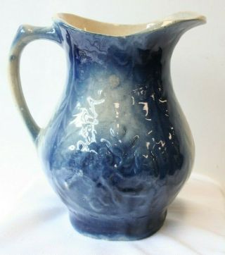 Antique Blue & White Stoneware Milk Cream Pitcher 6 3/4 " Fishscale Floral Design
