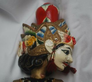 Vintage Early 20th Century Wayang Golek Double Sided Head Wood Rod Puppet Batik 4
