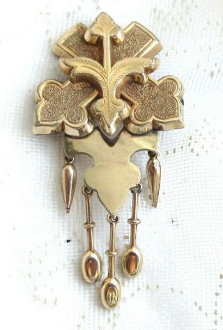 Antique Victorian Floral Motif Gold Filled Brooch With Pendulum Dangles