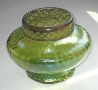 Kralik Art Nouveau Iridescent Green Glass Spiral Lobed Posy Vase Antique