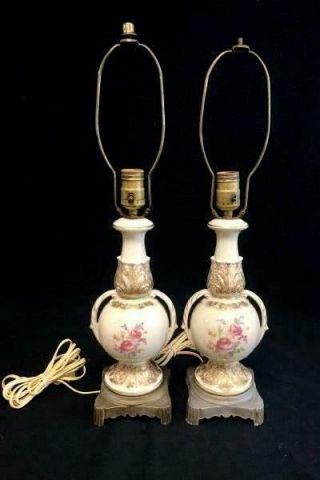 Set Of 2 Vintage Ceramic Table Lamp Hand Painted Roses Gold Gilt Handles 22 "