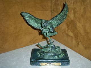 Vintage J.  Moigniez Bronze Owl Sculpture On Marble Base With Plaque