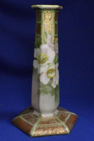 Antique H.  P.  Nippon 8 " High Candle Stick Floral W/gold Moriage No Chips Or Cracks