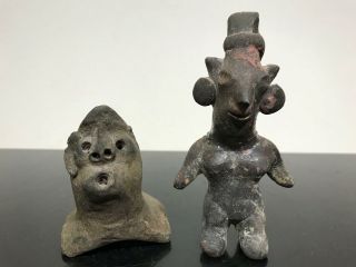 2pc Antique Pre - Columbian ? Clay Art Pottery Artifact Figurines