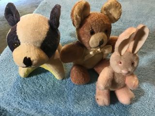 3 Antique Corduroy Straw Filled Stuffed Animals: Dog,  Bear,  Rabbit