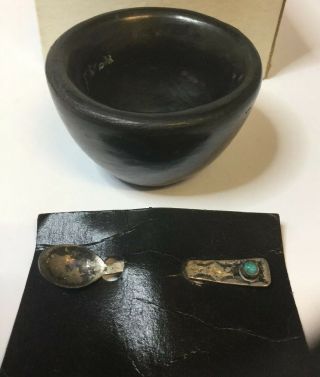 Authentic Native Indian Hand Made Sterling Silver,  Turqouise Spoon & Clay Pot