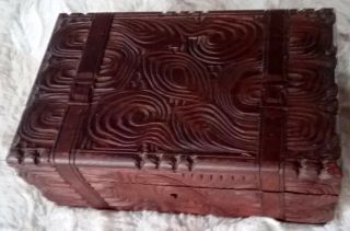 Antique Black Forest Hand Carved Wooden Box With Strap Design