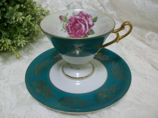Royal Halsey L&m Pedistal Green Rose Gold Tea Cup Saucer Set Iridescent Luster